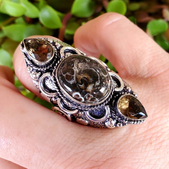 New Turtella Agate Fossil and Smoky Quartz 925 Silver Statement Ring. - Picture 9 of 16